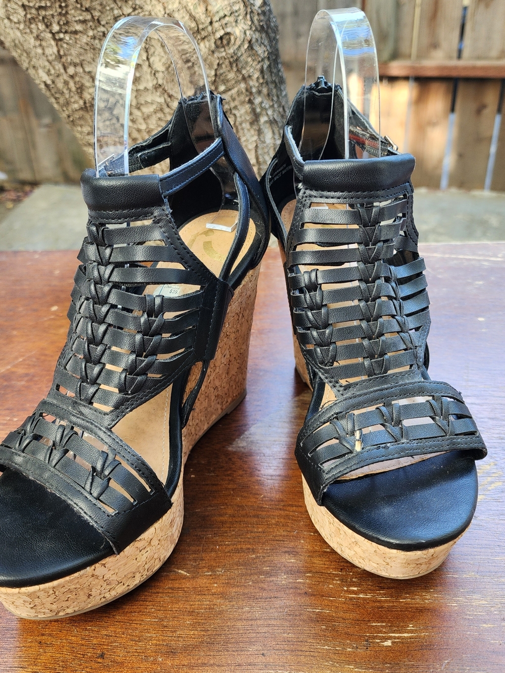 Report Cinnamon Black Strappy Platform Wedge Sandals Cork Heel [7]